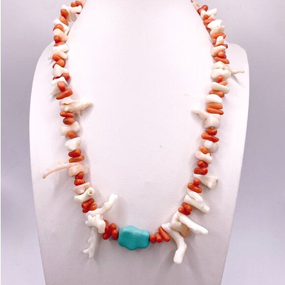 Vintage white And Pink Coral Necklace with Turquoise 16” Handmade - Picture 3 of 7